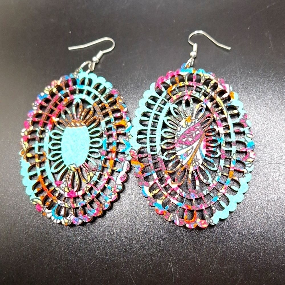 Turquoise mandala wood hollowed out oval fabric earrings